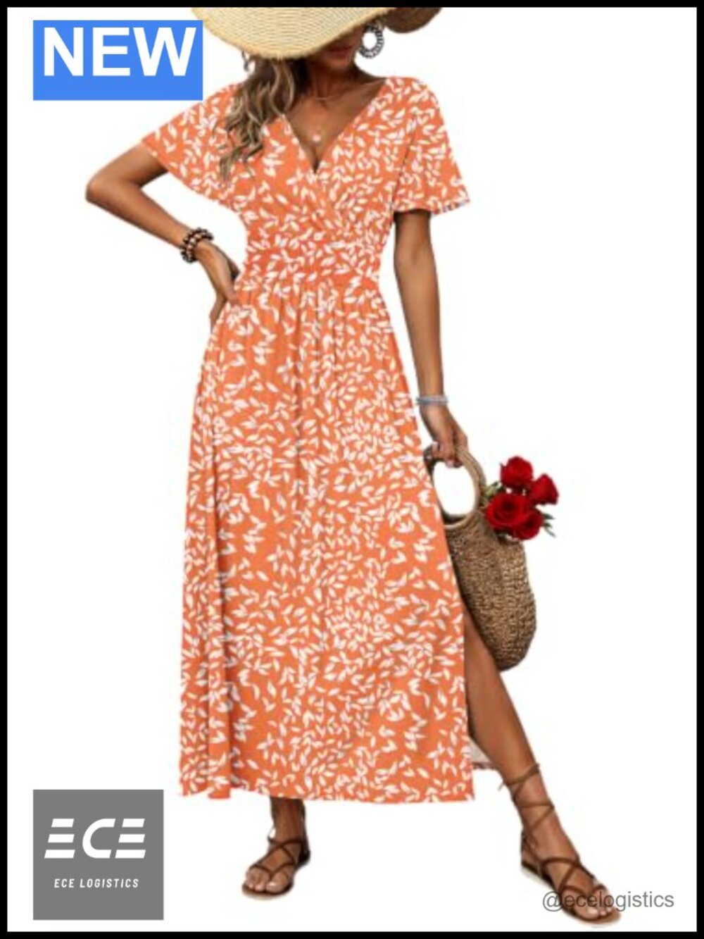 Maxi Dress V Neck Flutter Sleeve Slit Summer with Pockets